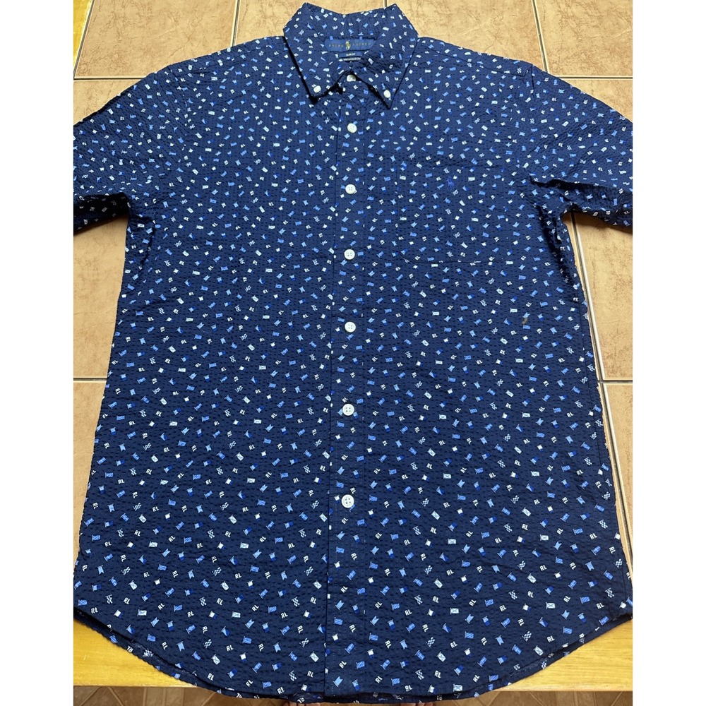 Ralph Lauren Seersucker Shirt Medium Slim Fit Untucked Button Up Nautical